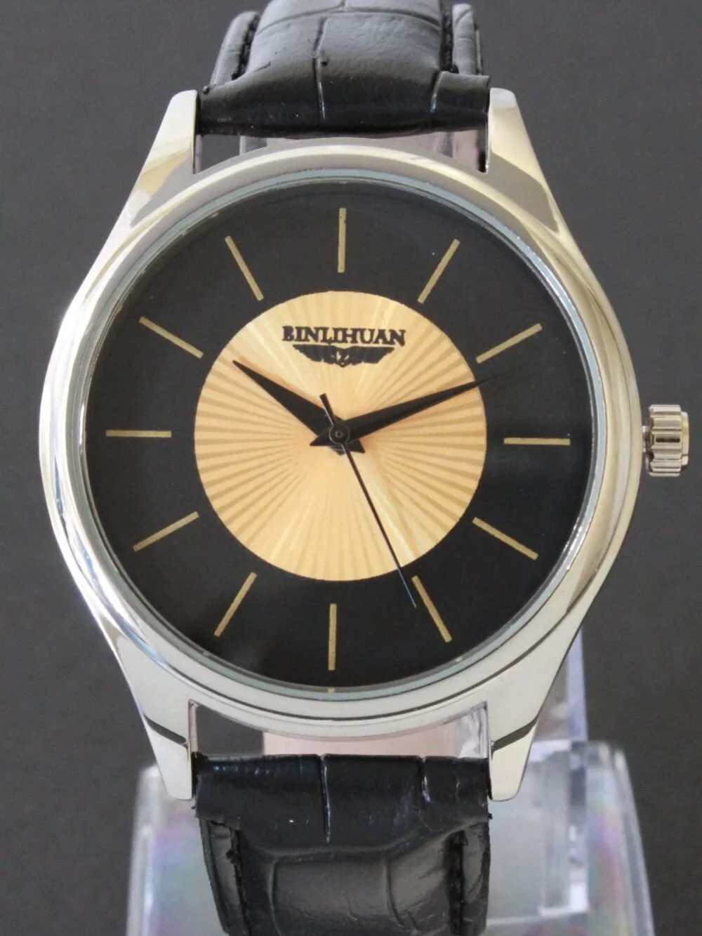 Men's Quartz Dress Watch Black Dial Gold Textured Insert Black Strap 42mm